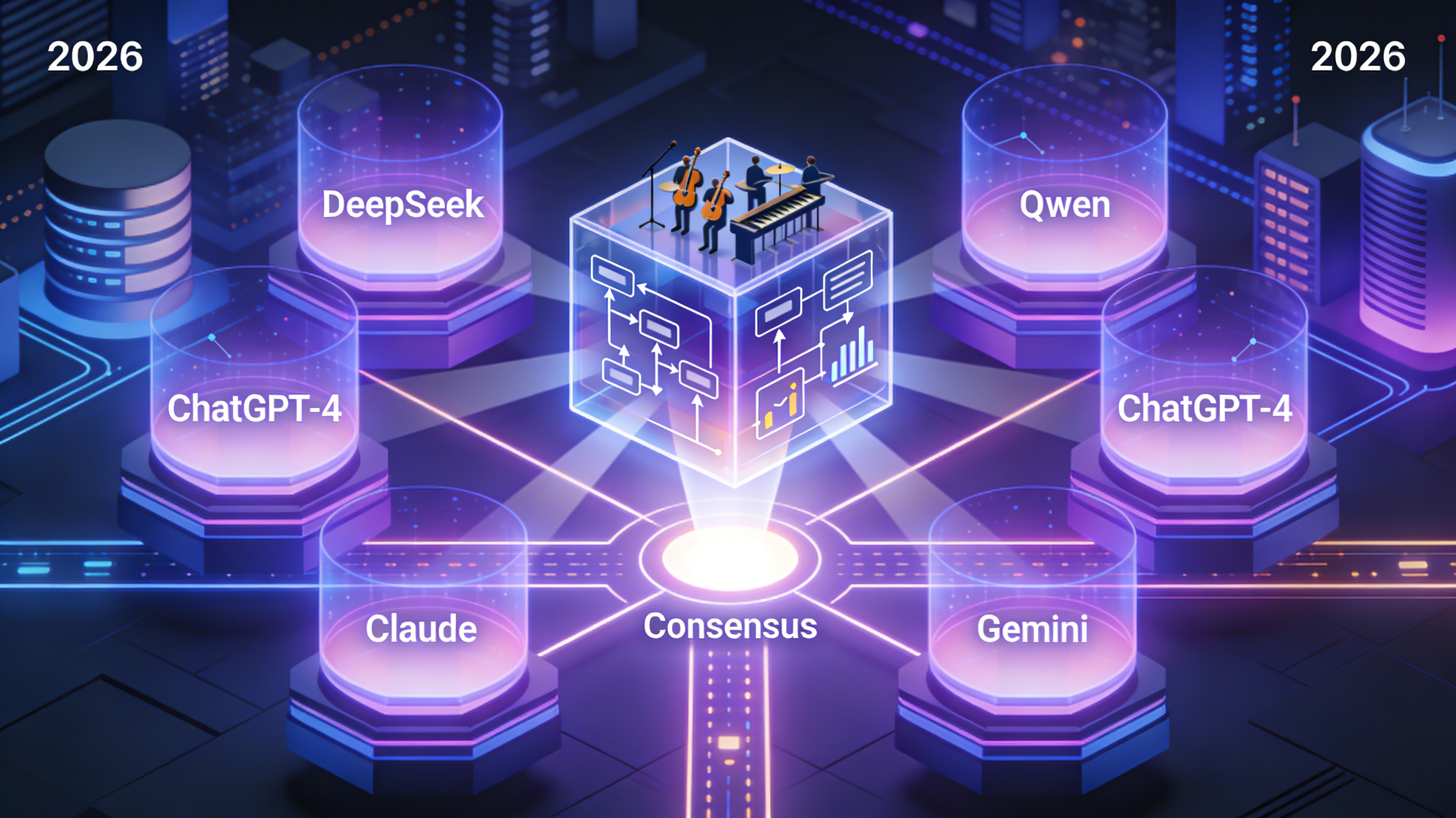 Meta‑orchestrator illustration showing parallel LLM consensus